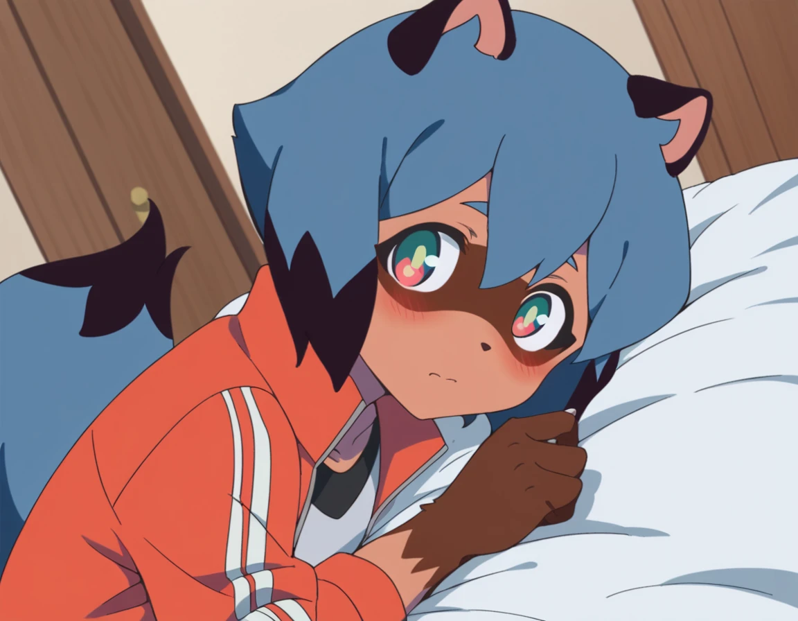 score_9, score_8_up, score_7_up, source_anime,
michirukagemori, <lora:michiru-kagemori-s1-ponyxl-lora-nochekaiser:1>,
michiru kagemori, short hair, black hair, animal ears, blue hair, multicolored hair, furry, furry female, raccoon ears, body fur, raccoon girl, raccoon tail, tail,
shirt, jacket, white shirt, shorts, red jacket, blue shorts, track jacket,
indoors, bed, bed room, on side, blush, drunk,
solo, dutch angle, looking at viewer, cowboy shot,