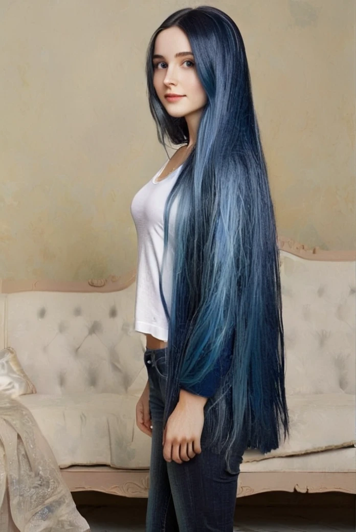 masterpiece, highly detailed, 1girl, casual clothing, blue hair, super long hair <lora:super_long_hair_xl:1>