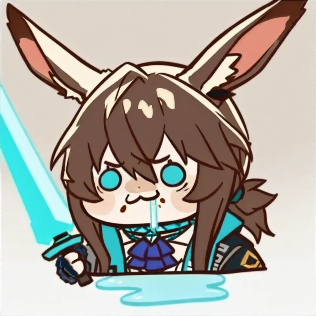 chibi,drooling,food on face,:3,(masterpiece),(best quality),1girl, animal ears, amiya (arknights), solo, blue eyes, rabbit ears, long hair, holding, looking at viewer, blood, weapon, blue ascot, upper body, holding weapon, brown hair, ascot, hair between eyes, sword, holding sword, jacket, blood on face, closed mouth, open clothes, sidelocks, open jacket, jewelry, shirt, neck ring, white shirt, black jacket, ponytail, glowing,