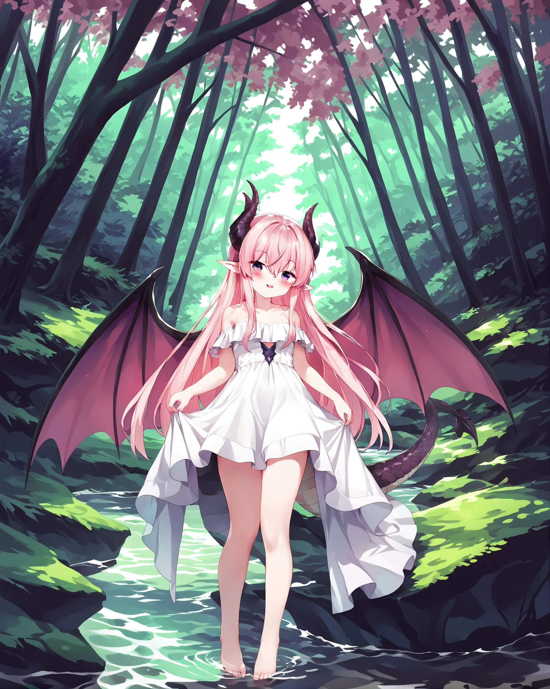 (score_9,score_8_up,score_7_up),1girl,tail,solo,wings,horns,dress,pink hair,barefoot,white dress,dragon tail,purple eyes,long hair,pointy ears,outdoors,looking at viewer,dragon girl,full body,standing,bare shoulders,tree,dragon horns,off shoulder,hair between eyes,bangs,nature,water,dragon wings,parted lips,day,off-shoulder dress,blush,forest,smile,<lora:tpony-style-v3:0.8>,