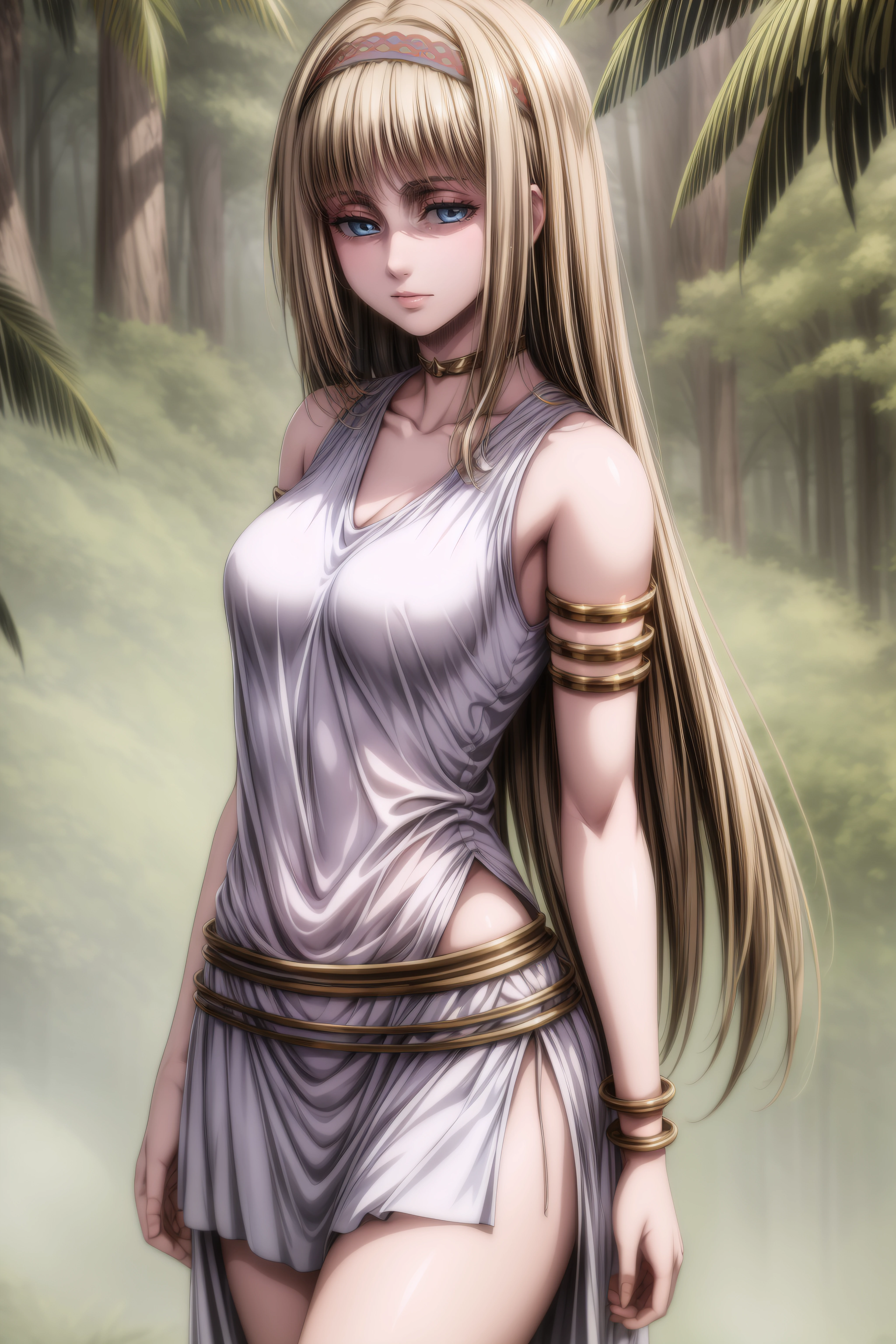 (masterpiece, best quality), <lora:Ymir Fritz-lora-Faxtron:0.8> ymir fritz, blue eyes, blonde hair, long hair, medium breasts, armlet, bare shoulders, sleeveless, brown hairband, long white tunic, deep neckline,
<lora:more_details:0.8>