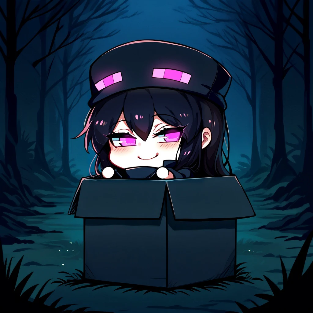 b0xe,chibi, in box,sitting, night, dark environment, forest, cavern, 
Enderman-chan, black jacket, high collar, enderman hat, black skirt, black thighhigh, garter straps, shoes, glowing, glowing eyes, smiling, 
BREAK
score_9,score_8_up,score_7_up, <lora:boxed_potat_v1:1> <lora:Enderman_XLPD:1>