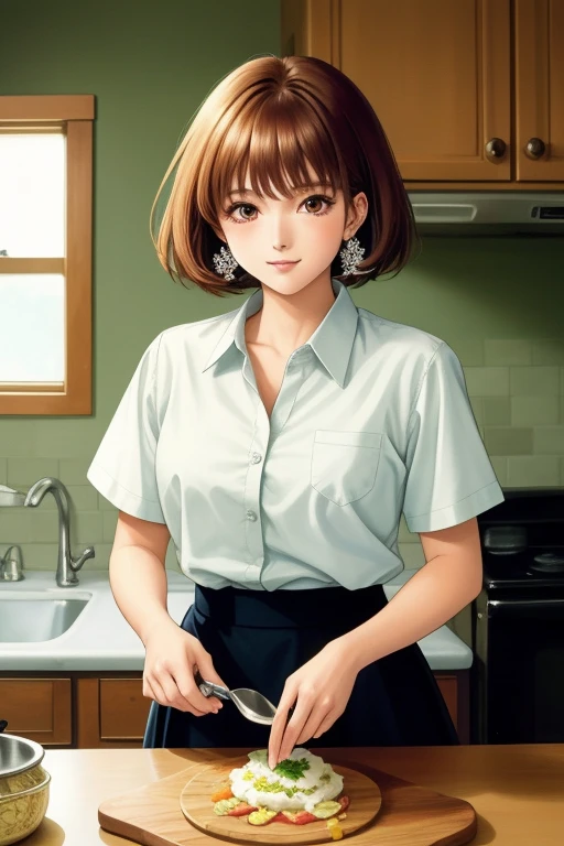 Anime Edition, 80's anime, upper body, female, shirt, skirt, Cooking in a kitchen, ((masterpiece, high quality, highly detailed, intricate detail))