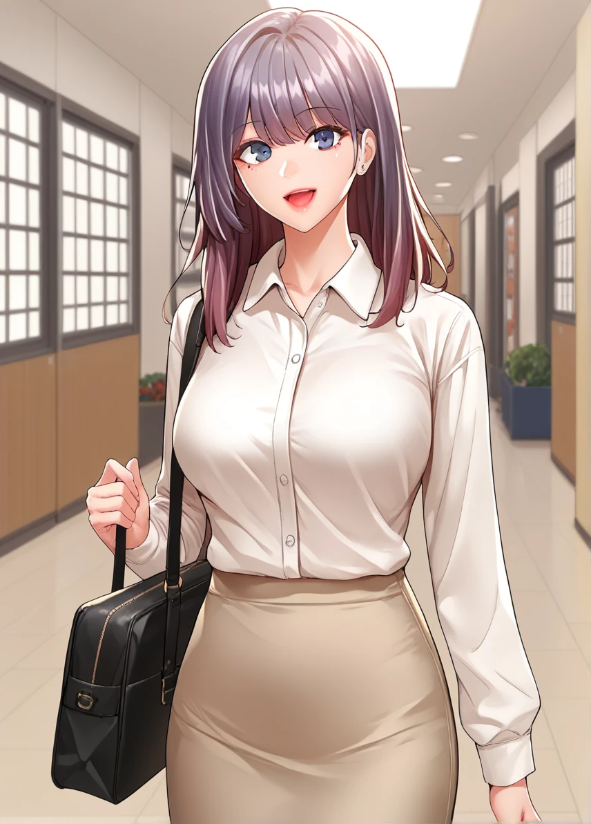 score_9,score_8_up,score_7_up, looking at viewer, smile <lora:Kang_Suyeon:1> fwkang, breasts, solo, bag, skirt, shirt, open mouth, white shirt, long sleeves, looking at viewer, collared shirt, handbag, shoulder bag, standing, breasts, indoors