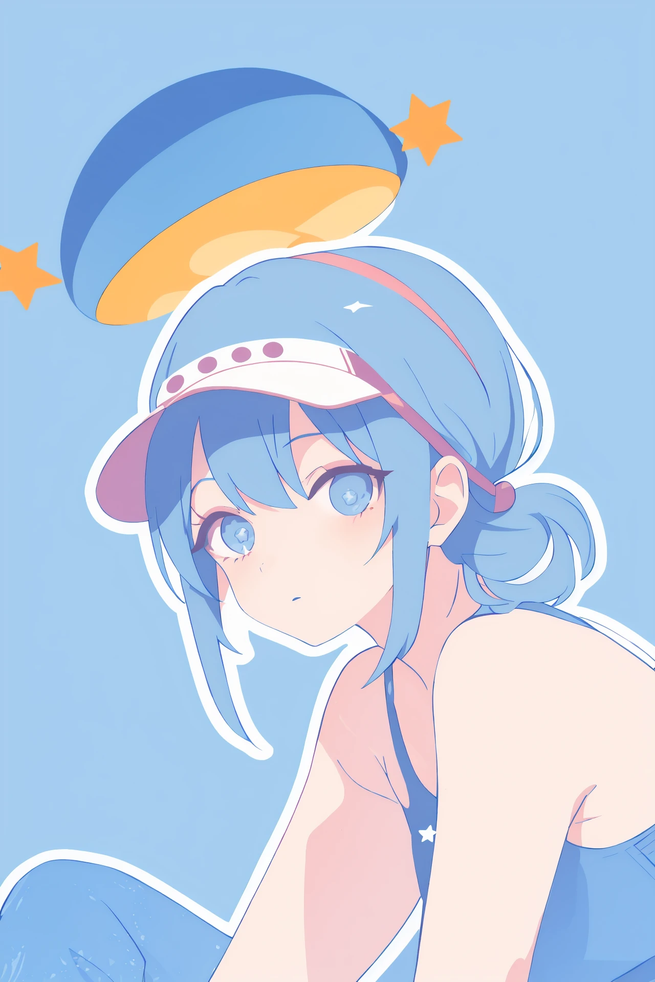 (masterpiece,best quality,absurdres),1girl,solo,chignon hair,blue hair,blue clothes,visor,loungewear,lower body,blue background,dynamic_angle,
<lora:UY colorful style_bx-v2.02cya5:1>,outline,polka dot,star \(symbol\),