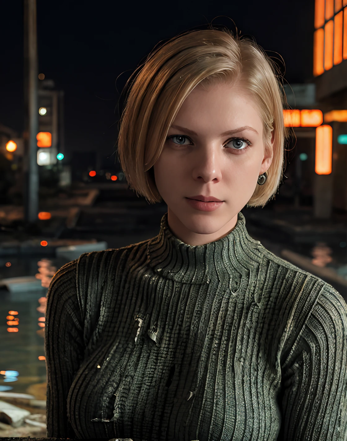 <lora:Jilli@n_$pektre:1> jilli@n_$pektre, Old abandoned  futuristic city. Broken, flooded. 1Female. Scared. Front shot, (wearing a torn dirty knit Bodycon Dress:1.2). Detailed expressive sad eyes. Short bob cut hair covering one eye.  Exquisite detail, Professional photo. 35mm photograph, film, bokeh, professional, dreary, photorealistic, 8k, raw, rich, intricate details, vivid dynamic colors