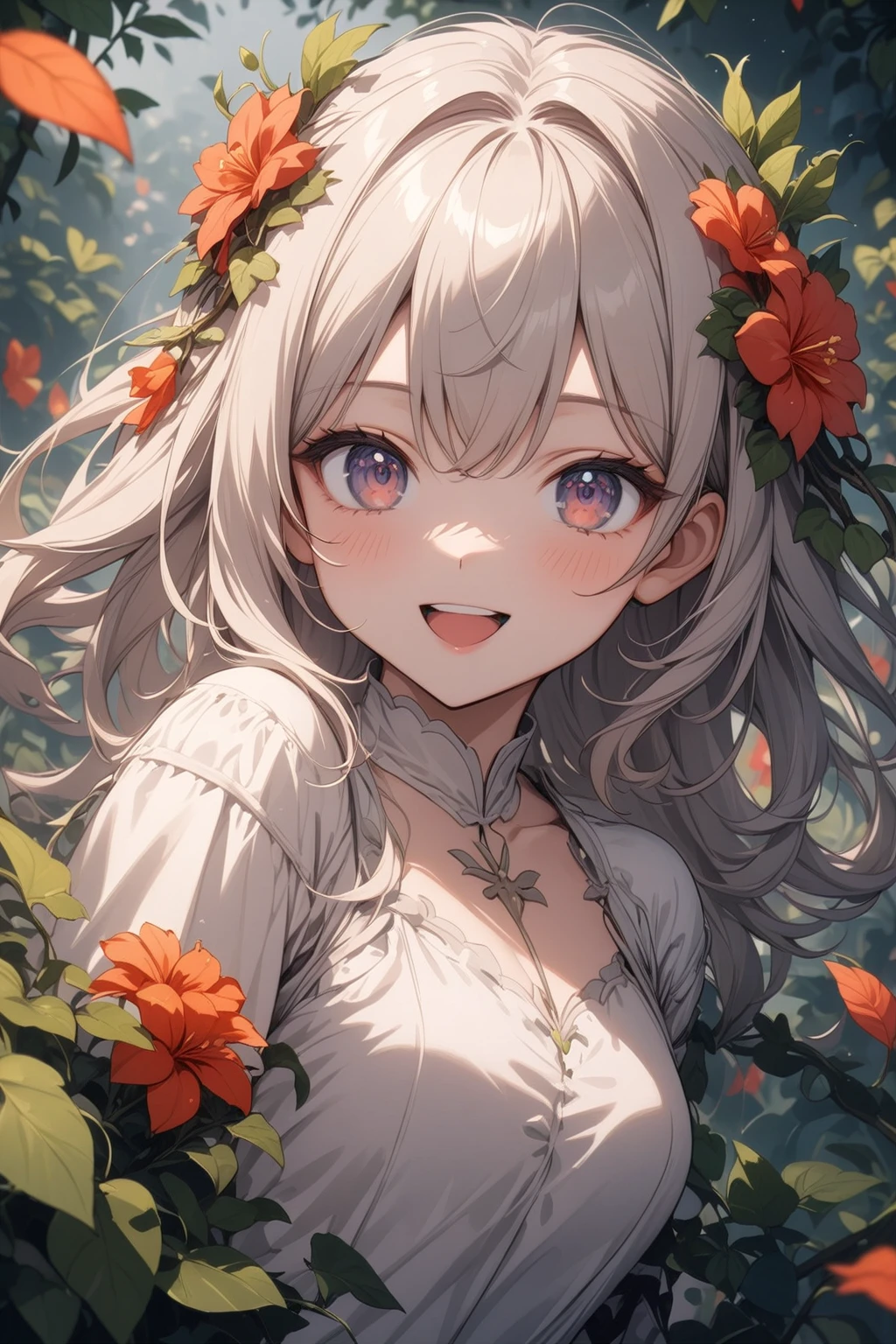 1girl, beautiful smile, open mouth, abstract, flowers, leaves, vines, masterpiece, best quality, very aesthetic, absurdres, newest, intricate details, ai generated, intricate