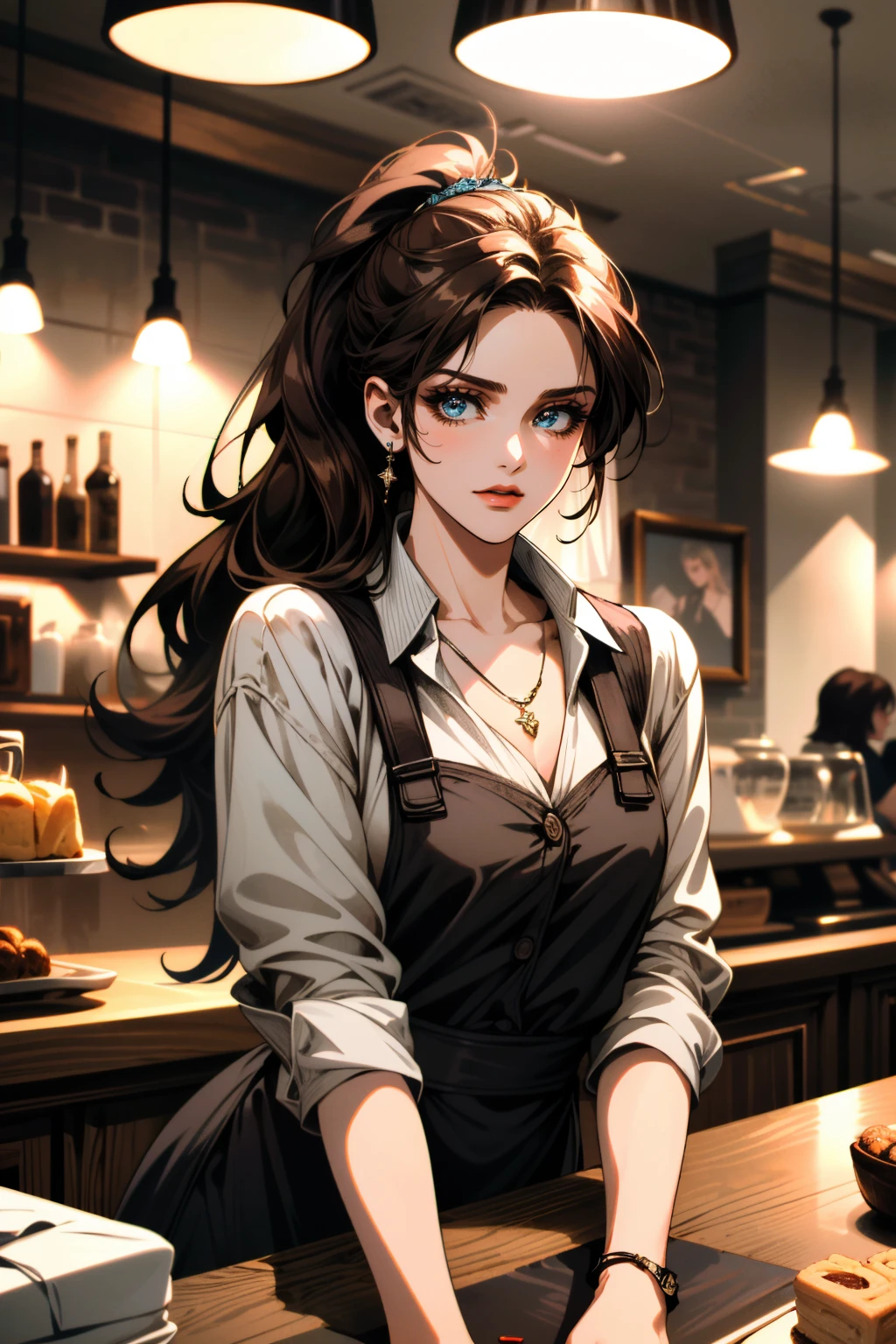 ((ultra detailed, masterpiece, absurdres))
<lora:RERClaire:0.8>
RERClaire, 1girl, brown hair, blue eyes, ponytail, long hair, looking at viewer, Classic vintage cafe, dynamic pendant lights, detailed barista station and pastries