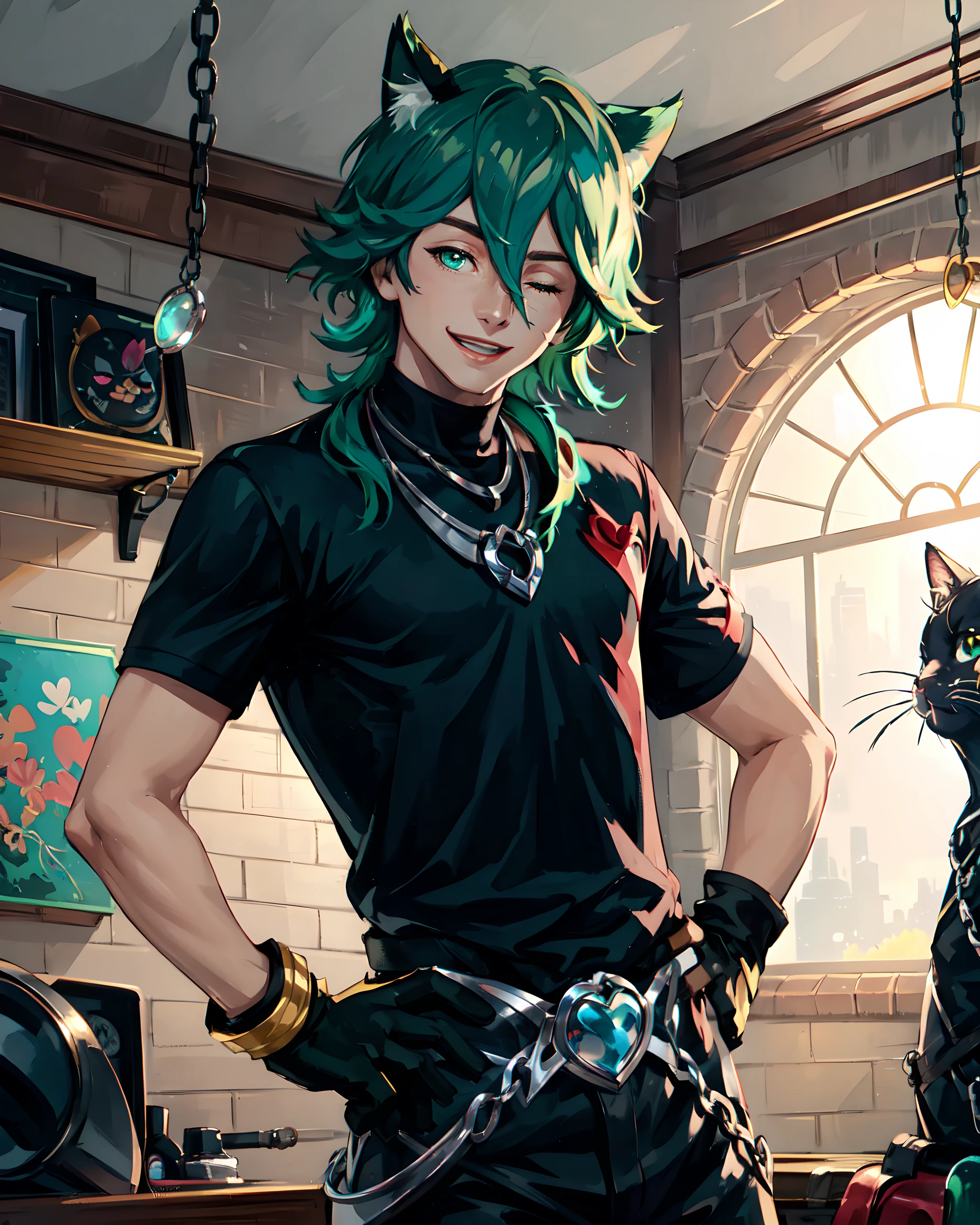 hs ezreal, solo, long hair, looking at viewer, smile, shirt, gloves, 1boy, hair between eyes, short sleeves, male focus, green hair, black gloves, fingerless gloves, necklace, blurry, black shirt, indoors, night, (best quality), (masterpiece), <lora:Heartsteel_Ezreal:0.7>, upper body, hands on hips,cat ears, heart, one eye closed,