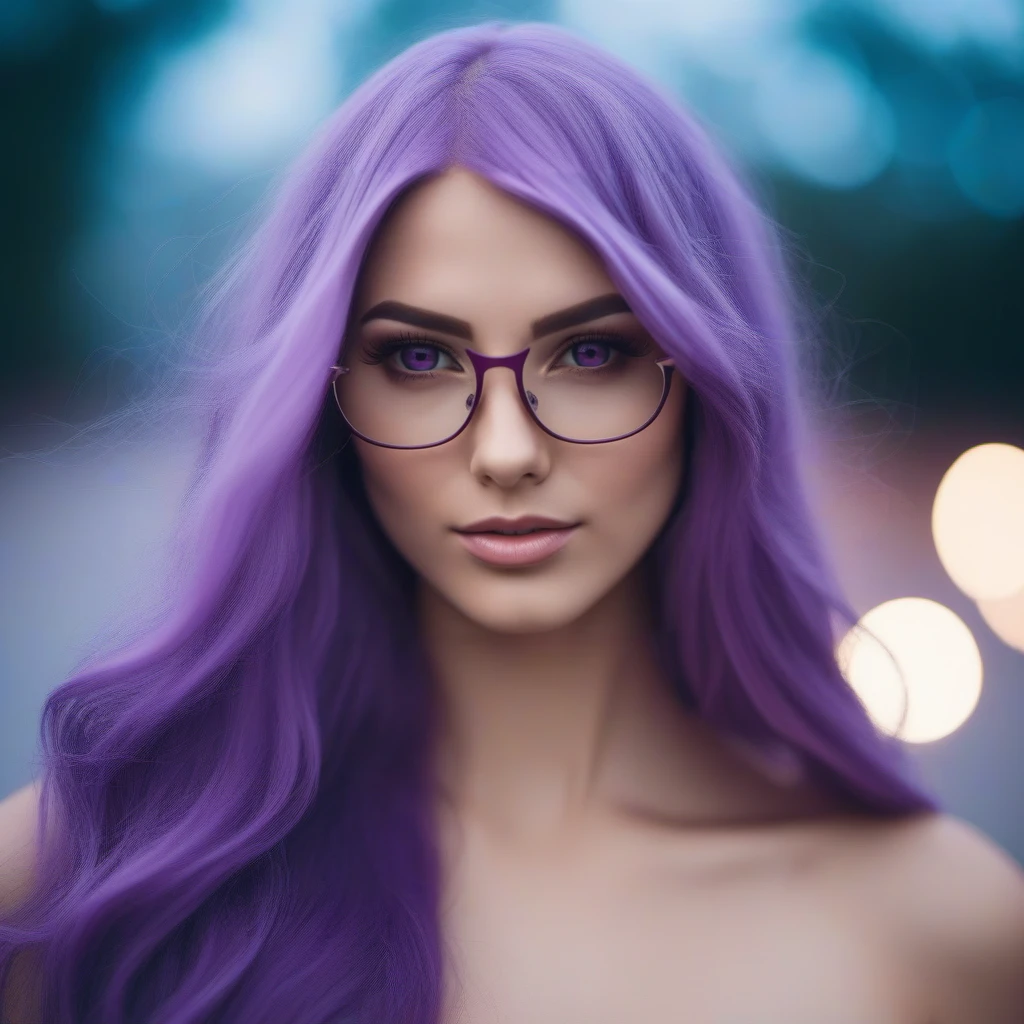 cinematic photo closeup face portrait of a seductive cute woman with long purple hair , glasses, smile, large breast, nude <lora:RizeKamishiro1024:0.8> . 35mm photograph, film, bokeh, professional, 4k, highly detailed