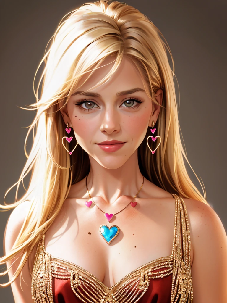 Realistic photo of a beautiful jul13b3nz woman,1girl, solo, long hair, breasts, looking at viewer, smile, blonde hair, simple background, dress, bare shoulders, jewelry, upper body, heart, necklace, mole, realistic, professional Photography, Photorealistic, detailed, RAW, analog, sharp focus, high quality, film grain, masterpiece<lora:jul13b3nz:1.0>