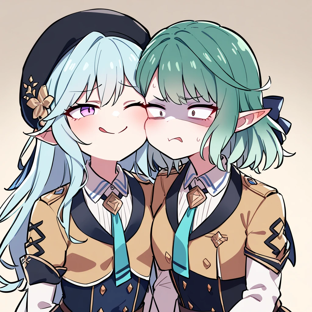 2girls,masterpiece,best quality,((cheek_to_cheek)),multiple girls,heads together,
AND  2girls,cheek_to_cheek,heads together,,upper body,smug,amaryllis,blue hair,
AND  2girls,cheek_to_cheek,heads together,upper body,long hair,,castelle,short hair,green hair,disgust,shaded_face,<lora:amaryllis:0.8>,<lora:castelle:0.7>, masterpiece, best quality, very aesthetic, absurdres