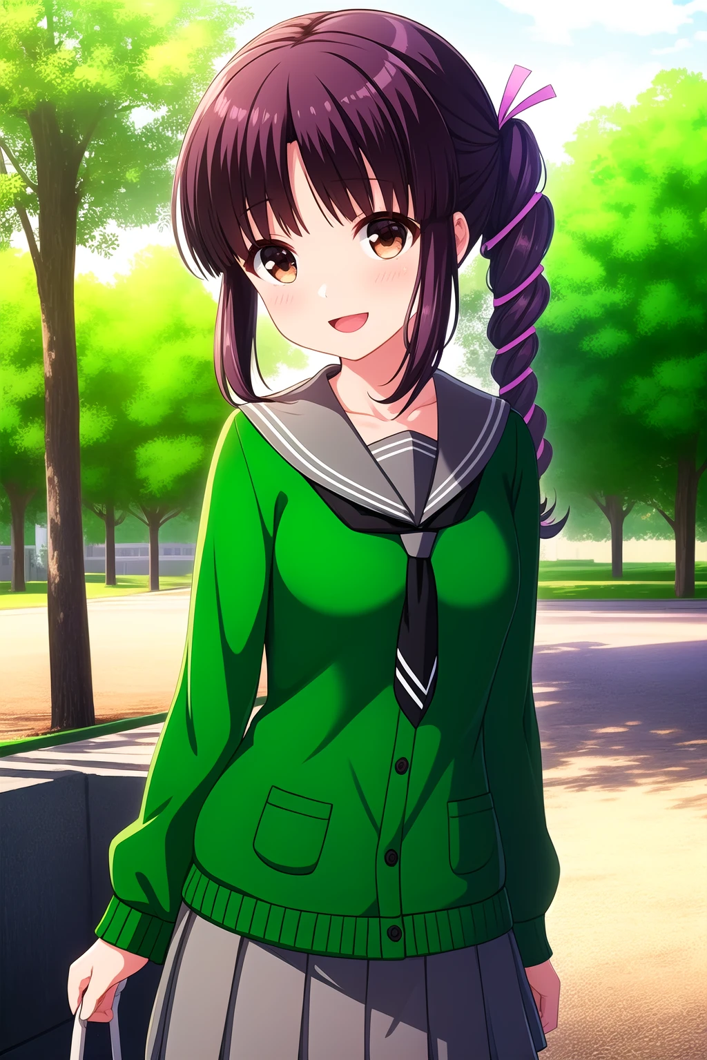 (masterpiece, best quality), highly detailed background, perfect lightingbest quality, nanamishiki, solo, outdoors, nature, building, school, purple hair, braided ponytail, side ponytail, hair ribbon, pink ribbon, parted bangs, blunt bangs, long hair, brown eyes, small breasts, green serafuku, green cardigan, grey sailor collar, black neckerchief, long sleeves, sleeves past wrists, grey skirt, pleated skirt, school uniform, smile, open mouth, :d, pink lips, <lora:Nanami-Shiki:0.7>