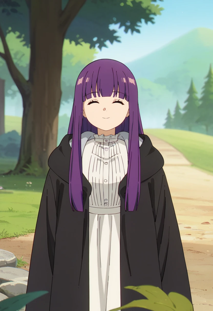score_9, score_8_up, score_7_up,
<lora:SousouNoFrieren_FernXL:0.9>, FernSSnF,
1girl, solo, closed mouth, light smile,
purple hair, long hair, closed eyes, blunt bangs,
FernCasual, white dress, black robe, open clothes, hood, frilled collar,
standing, looking at the viewer,
fantasy, medieval, photo background, forest, tree, moss, stream, stone, leaf, maple tree, grass, nature, blurry background