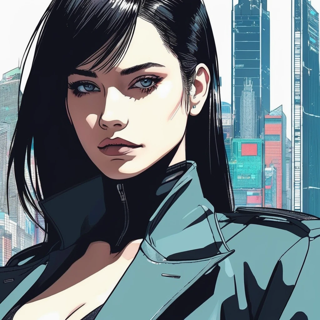 ((90s Anime style illustrattion)) drawing of a closeup on face of woman wearing a long matrix coat,futuristic city in the background, akira, 2D,  brxpalvin, <lora:barpalvin_juggerX_xl_1_wocap_merger_84_91_06_04-brxpalvin:1>