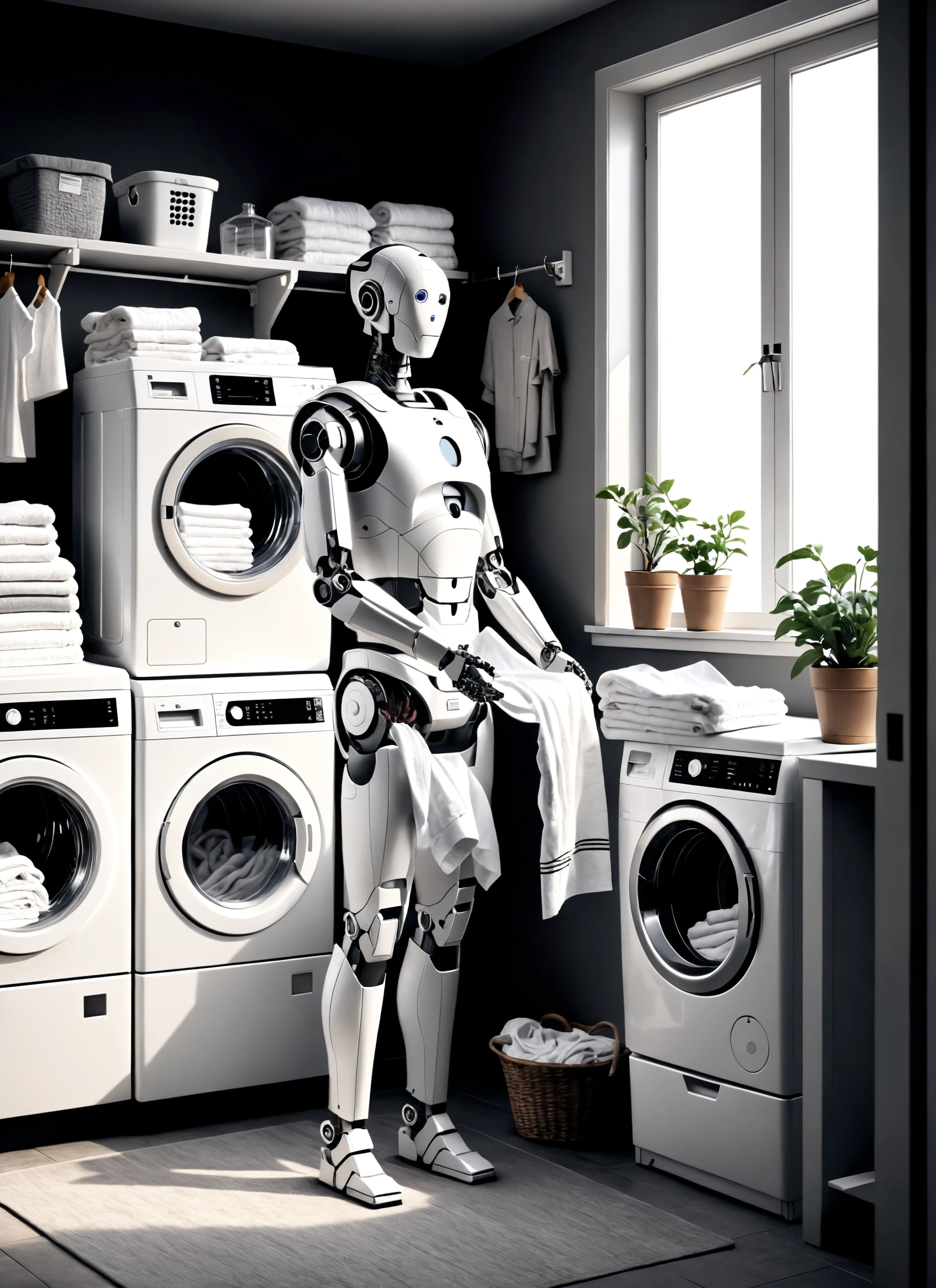 Medium format film illustration, (Robotic assistant folding laundry:1.3), Dynamic arrangement, Automated helper, Neatly folded clothes, (Chic monochrome palette:1.2), Laundry room setting, Freshly laundered linens, Laundry day scenario, Directed illumination, (Organizational finesse:1.2), Filmic grain, Quaint tidiness <lora:Robot Head XL v1.0:1> robot_head