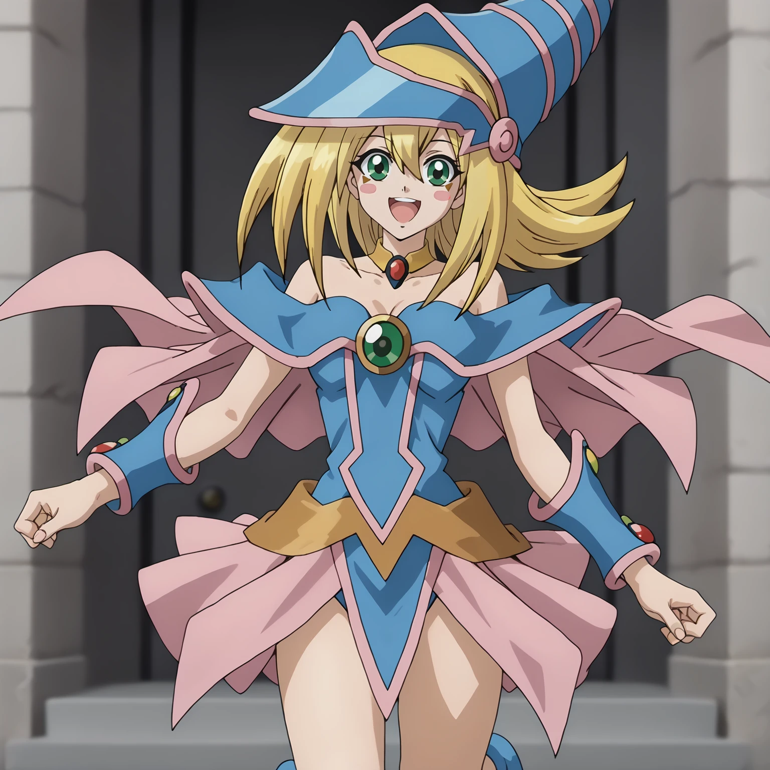 <lora:DarkMagicianGirlXLpony001>,
smile,open mouth,
solo,
DarkMagicianGirl,1girl,blonde hair,blush stickers,green eyes,
wizard hat,
choker,
bare shoulders,cleavage,capelet,blue dress,see-through,
pink skirt,