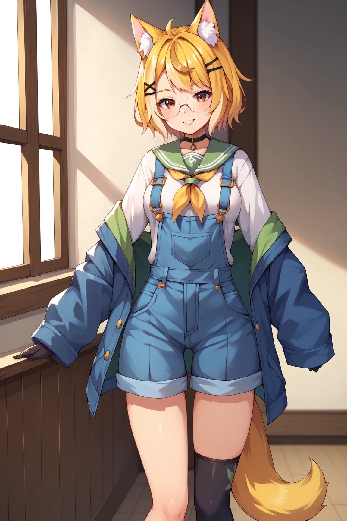 score_9, score_8_up, score_7_up, score_6_up, score_5_up, score_4_up, TriforceMoonVTXL, brown eyes, blonde hair, multicolored hair, short   hair, hair ornament, animal ears, glasses, medium breasts, off shoulder, blue jacket, sleeves past writs, serafuku, (green sailor collar), school uniform, ((overalls)), black gloves, short jean, tail, asymmetrical legwear, single thighhighs, boots, standing, seductive smile, looking at viewer, indoors <lora:TriforceMoonVTXL:0.8>