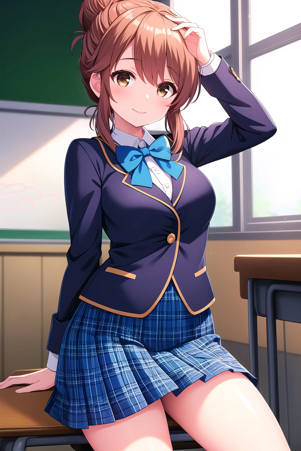 (masterpiece, best quality), highly detailed background, perfect lightingbest quality, kawakamiseri, solo, indoors, classroom, light brown hair, hair bun, hair up, hair between eyes, short hair, sidelocks, brown eyes, medium breasts, blue jacket, blazer, blue bowtie, white shirt, blue skirt, plaid skirt, white socks, school uniform, smile, closed mouth, :), pink lips, <lora:Kawakami-Seri-2-10:0.7>