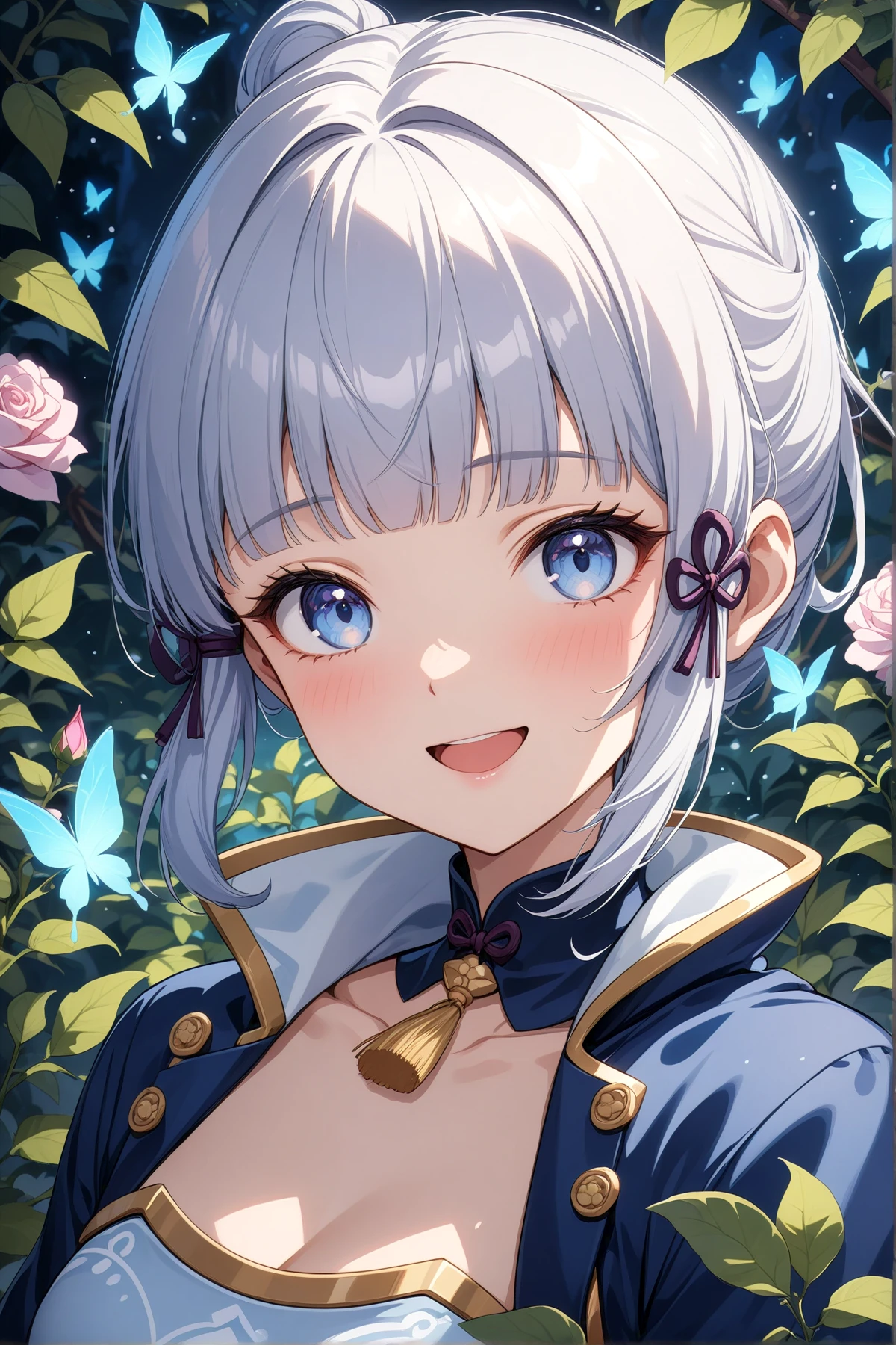 1girl, kamisato ayaka, genshin impact, nose blush, beautiful smile, open mouth, close up, abstract, flower, leaf, vine, garden, butterflies, glowing, iridescent glow, bioluminescent, roses, masterpiece, best quality, very aesthetic, absurdres, newest, intricate details, ai generated, intricate