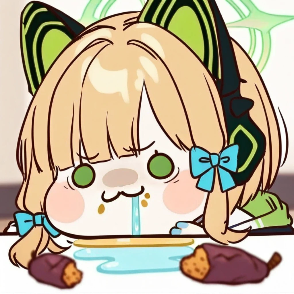 chibi,drooling,food on face,:3,(masterpiece),(best quality),1girl,midori \(blue archive\),blue archive,aiamu iamu,holding food,holding,hooded jacket,food,sidelocks,:d,collared shirt,blurry,long sleeves,puffy sleeves,headphones,blue bow,hand up,necktie,halo,looking at viewer,jacket,sleeves past wrists,blush,nail polish,blue necktie,animal ear headphones,blurry background,blonde hair,shirt,green eyes,hood down,open clothes,depth of field,hood,smile,white jacket,fake animal ears,bow,puffy long sleeves,open jacket,solo,dress shirt,animal ears,white shirt,blue nails,hair bow,long hair,drawstring,sweet potato,