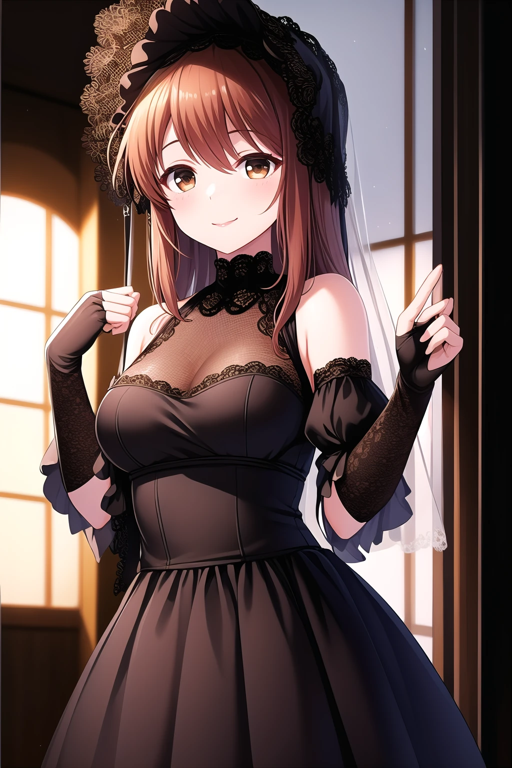 (masterpiece, best quality), highly detailed background, perfect lightingbest quality, kawakamiseri, solo, indoors, bonnet, light brown hair, hair between eyes, long hair, sidelocks, brown eyes, medium breasts, jewelry, black dress, lace trim, wide sleeves, lace-trimmed sleeves, bridal gauntlets, fingerless gloves, black gloves, black skirt, smile, closed mouth, :), pink lips, <lora:Kawakami-Seri-2-10:0.7>