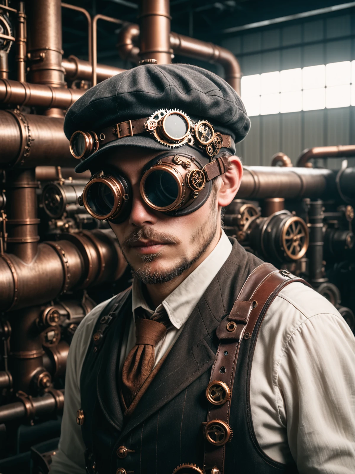 man wearing a mad-stpk-ggls goggles and mad-stpk-flcp flatcap, steampunk, factory, pipes, tanks, steam, <lora:Gearbound_Steampunk_Chic_2_SDXL:0.9>, raw photo, film grain, Fujifilm XT3, (photorealistic, realistic:1.2), deep shadow, 8k, uhd, dslr, ultra high res