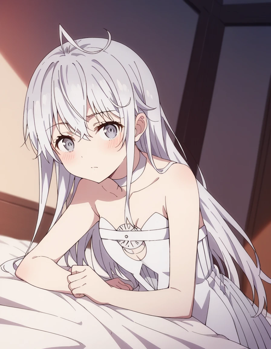 score_9, score_8_up, score_7_up, source_anime,
hibikihigoromo, <lora:hibiki-higoromo-movie-ponyxl-lora-nochekaiser:1>,
hibiki higoromo, long hair, bangs, white hair, grey eyes, ahoge,
dress, bare shoulders, choker, white dress, strapless, strapless dress,
indoors, bed, bed room, on side, blush, drunk,
solo, dutch angle, looking at viewer, cowboy shot,