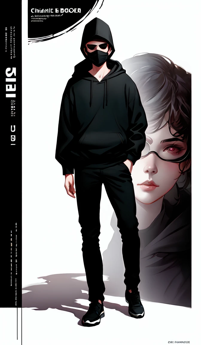a portrait of a 1 5 in a black hoodie with the hood on his head wearing black pants and shoes and round sunglasses and a black mask in the style of artgerm, charlie bowater, atey ghailan and mike mignola, vibrant colors and hard shadows and strong rim light, plain background, comic cover art, trending on artstation