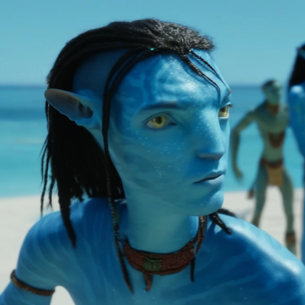 Na vi, Avatar, 1boy, alien, looking at someone out of frame, lots of details, blue skin, sunny beach, 4k, 8k, movie still, freckles