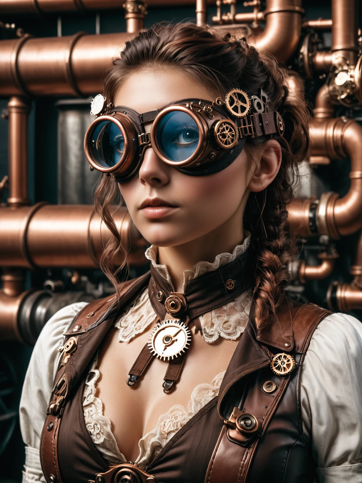 woman wearing a mad-stpk-ggls, goggles, steampunk,  portrait, close-up,  pipes, tanks, steam <lora:Gearbound_Steampunk_Chic_2_SDXL:0.9>, raw photo, film grain, Fujifilm XT3, (photorealistic, realistic:1.2), deep shadow,  8k, uhd, dslr, ultra high res