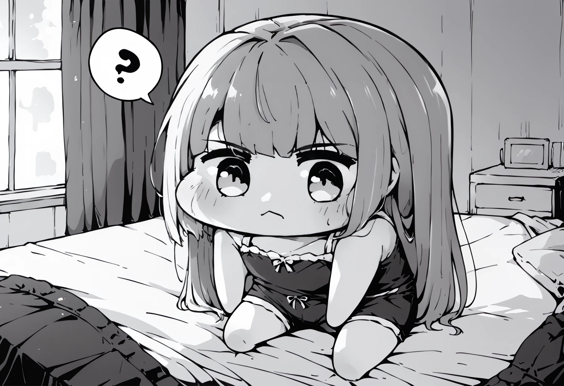 score_9, score_8_up, score_7_up, score_6_up, score_5_up, score_4_up, source_anime, uncensored, zPDXLxxx, <lora:intricate_details:1> intricate_details_xl, indoors, bedroom, on bed,
<lora:Sister_Monochrome_Fantasy_v1.1:0.8> imouto, sister, 1girl, solo, monochrome, greyscale, long hair, camisole, shorts, <lora:Doro_X_PDXL_V1:1> doro, creature, :3, chibi, no humans, four legs, solid circle eyes, no pupils, (spoken question mark:1.1), light frown,