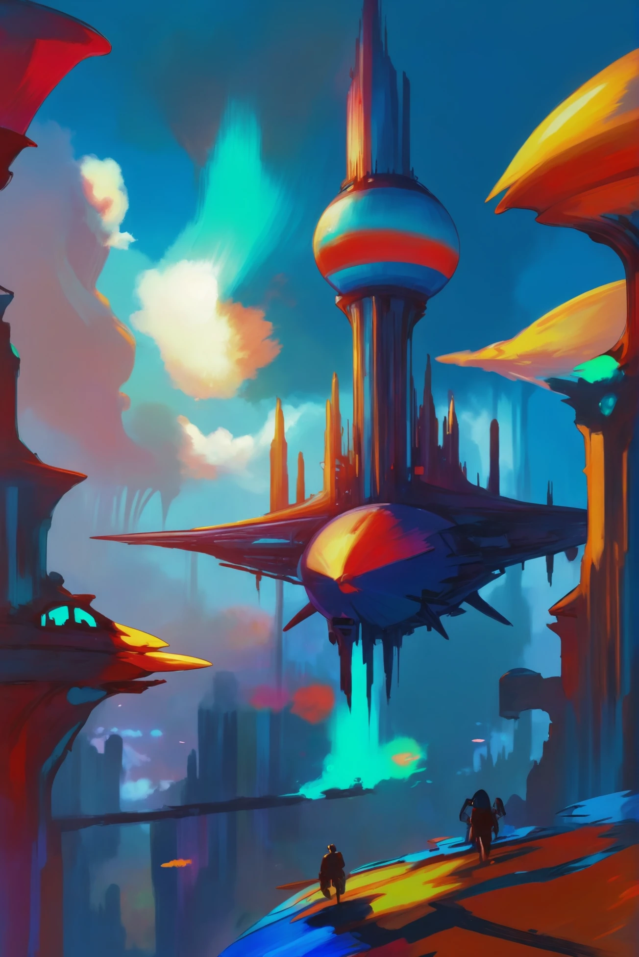 digital painting, epic fantasy, gargantuan,cheerful fantasy sky city at the end of the universe, A vast, quantum, passenger jet <lora:EnvyStarlightConfetti01:1>