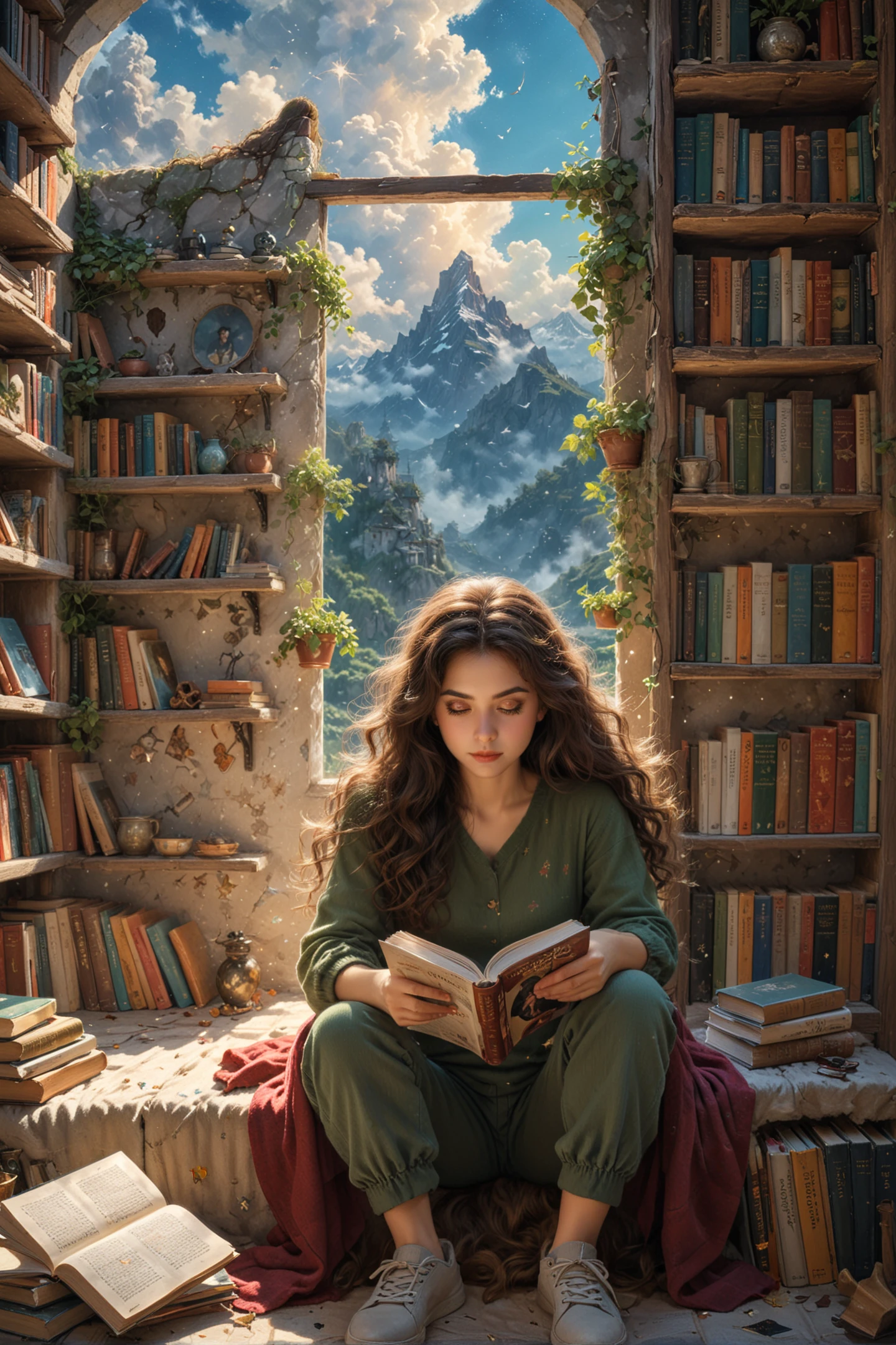 small centered composition, product shot, plain background, wallpaper art, in the center is an image of a In the heart of a cozy living room, a woman with long curly brown hair and fluffy green eyes gazes out from behind a bookshelf filled with colorful novels. The sunlight filters through the window, Stars in the sky, Wide view, art by Filip Hodas
