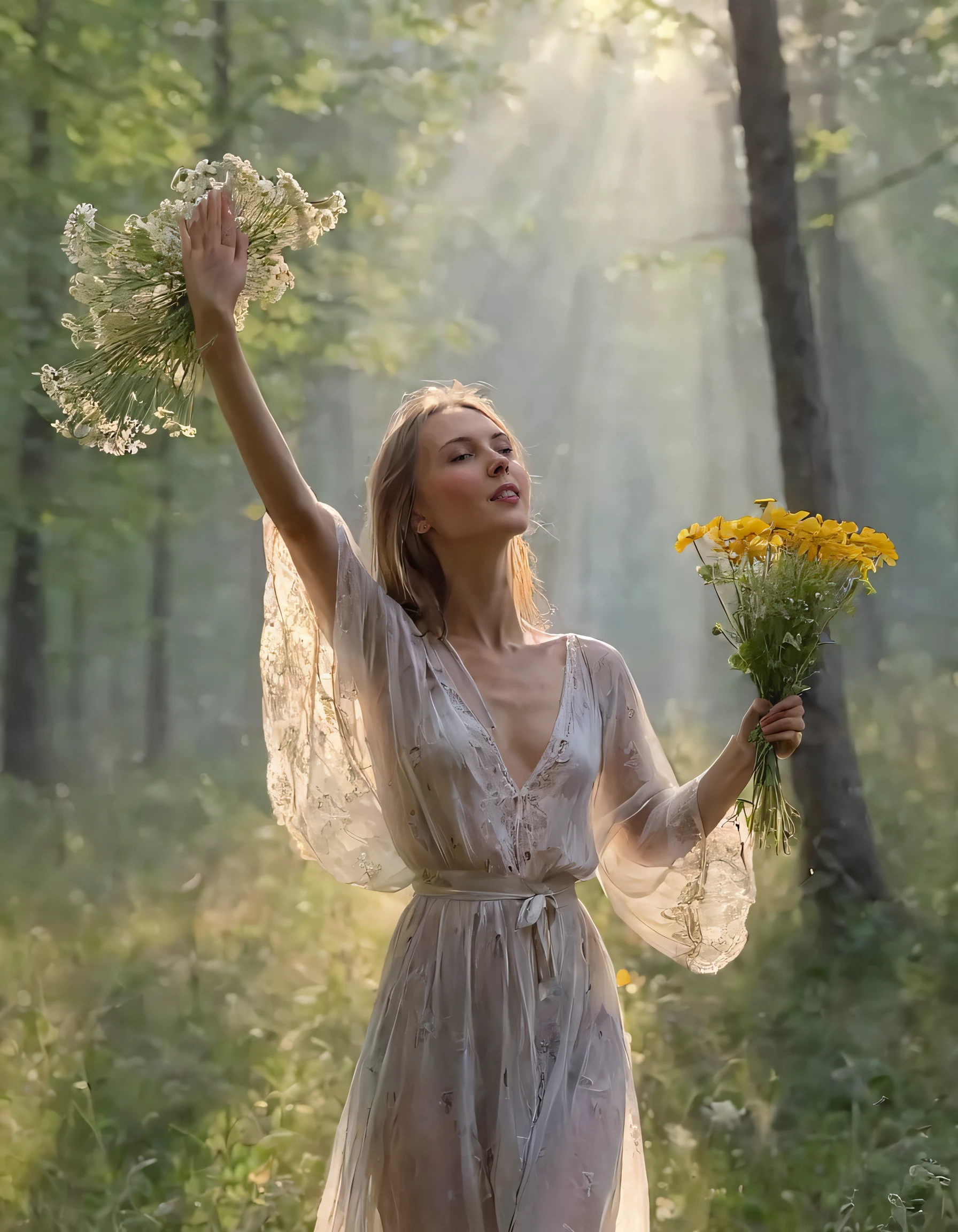beautiful woman in a nightgown in the morning in the fog and sunlight walking on the grass and a four-leaf clover