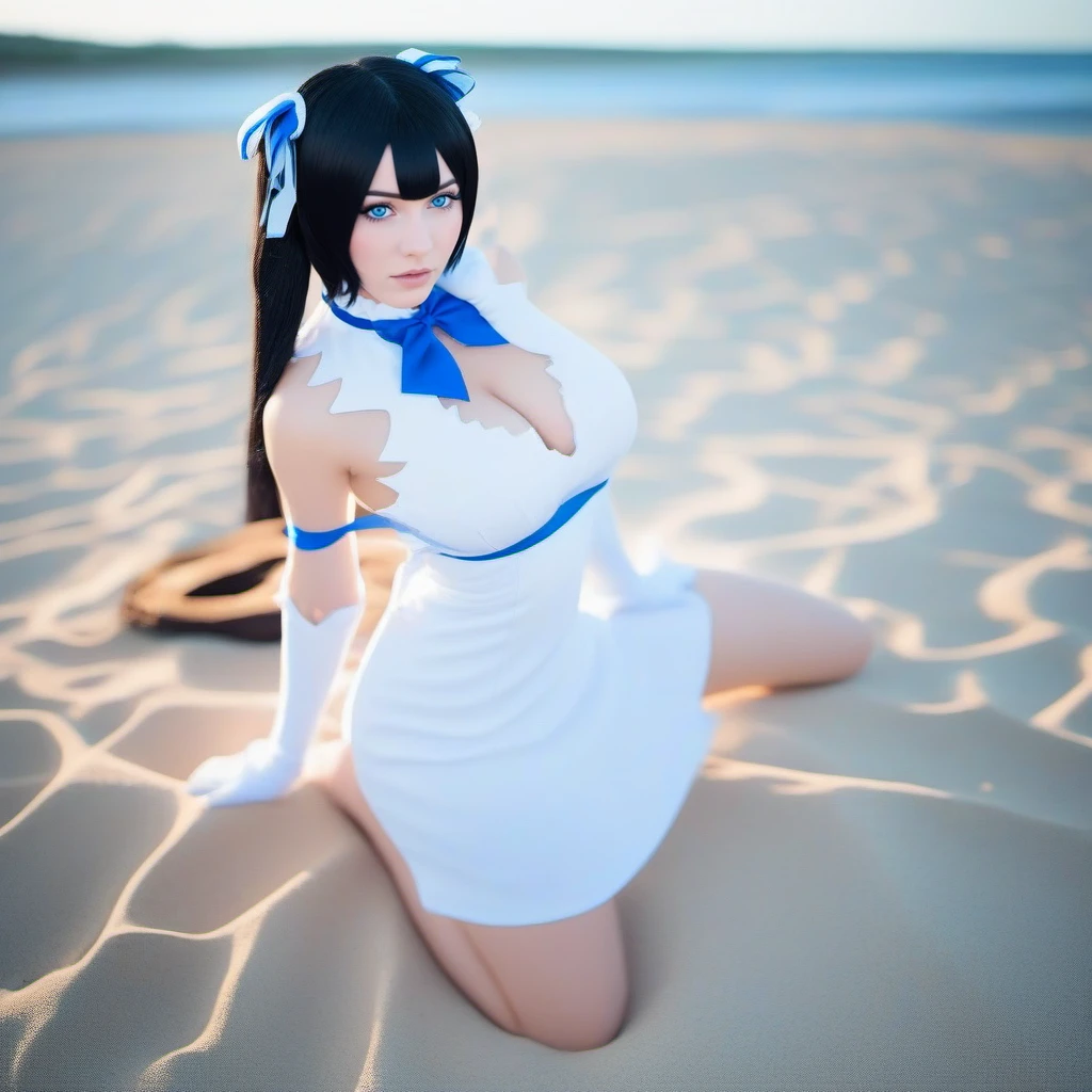 cinematic photo a woman, black hair, twintails, long hair, blue eyes, large breasts, dress, ribbons, cleavage, gloves, beach, sunset  <lora:GoddessHestia1024:0.8> . 35mm photograph, film, bokeh, professional, 4k, highly detailed