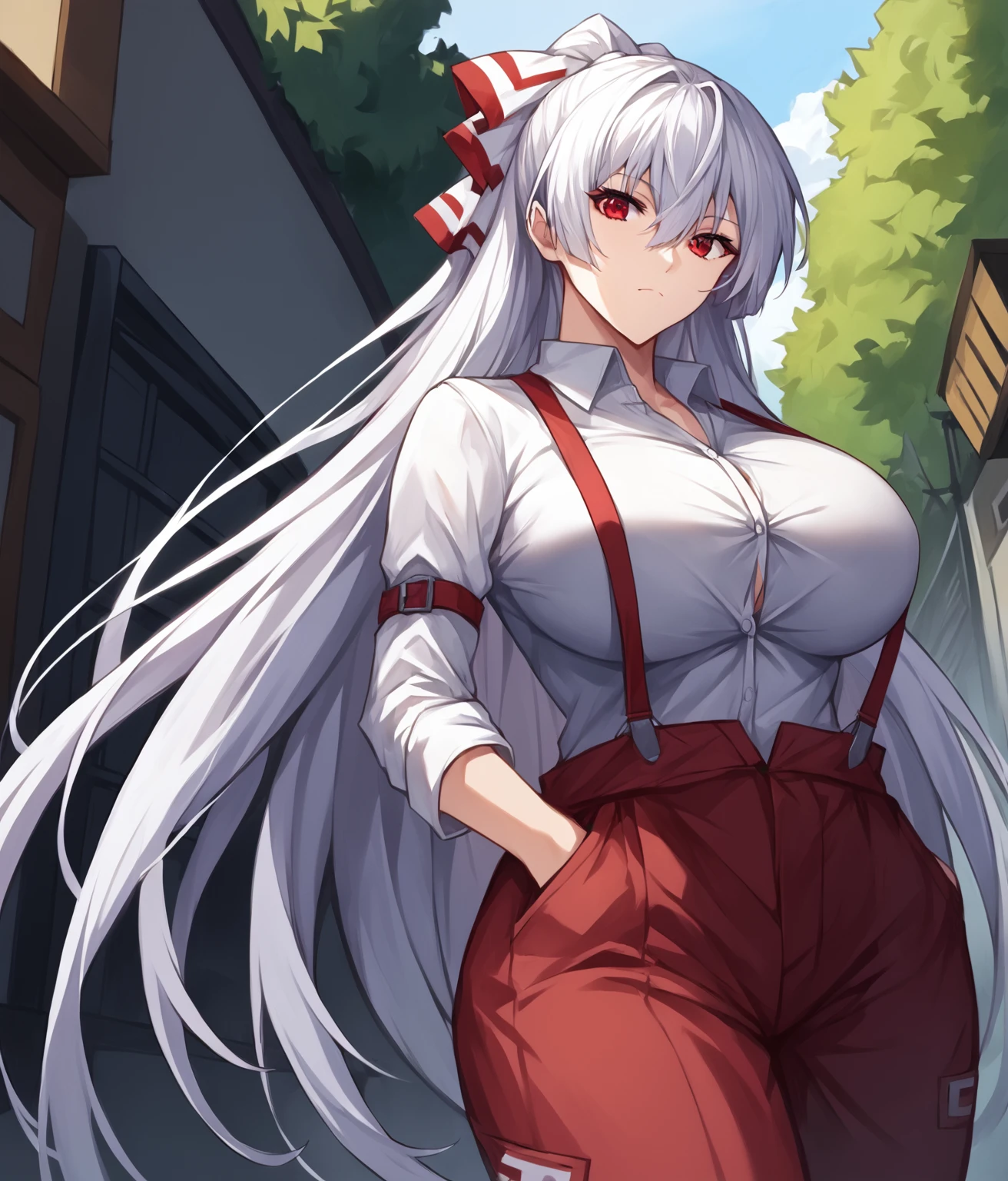 score_9,score_8_up,score_7_up,score_6_up,score_5_up,score_4_up BREAK source_anime,RAW photo,nsfw,1girl,solo,<lora:fujiwara_no_mokou-10:1>,(fujiwara no mokou:1.1),white hair,very long hair,white hair ribbon,hair between eyes,red eyes,tsurime,huge breasts,curvy,tally,wide hips,white shirt,suspenders,red pants,ofuda on clothes,hands in pockets,looking at viewer,, (masterpiece,best quality,anime,anime style,RAW photo,detailed skin,dslr,high quality),