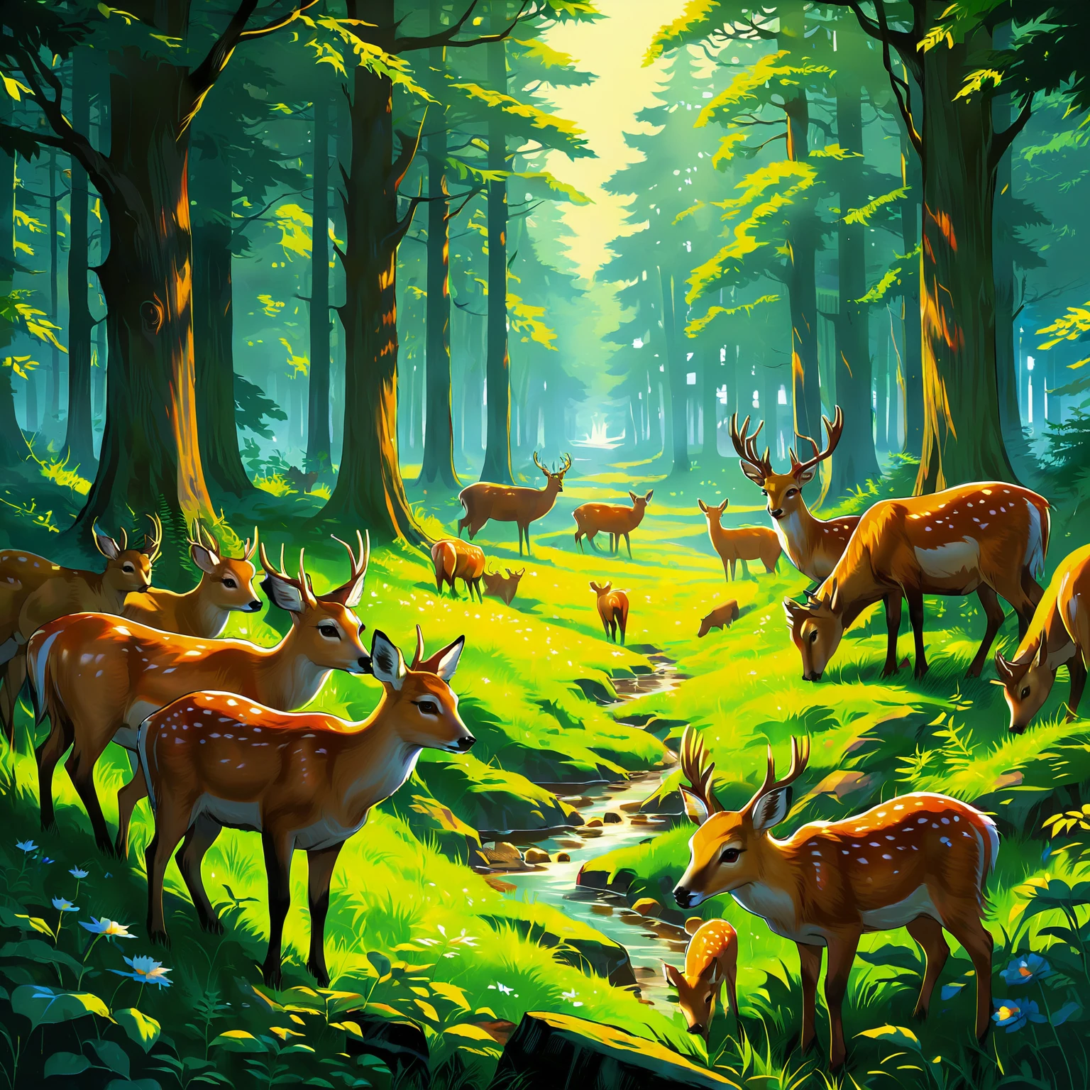 anime, fantasy, novel illustration, high fantasy, epic fairytale, a herd of deer peacefully grazing in a serene woodland