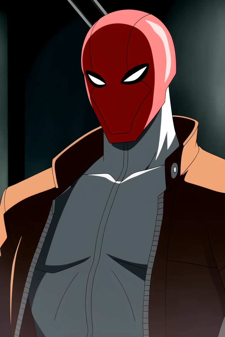 4k, uhd, 2d, anime, (masterpiece), wallpaper, jason todd, 1boy, male focus, jacket, bodysuit, black gloves, mask, open jacket, dark room, upper body,