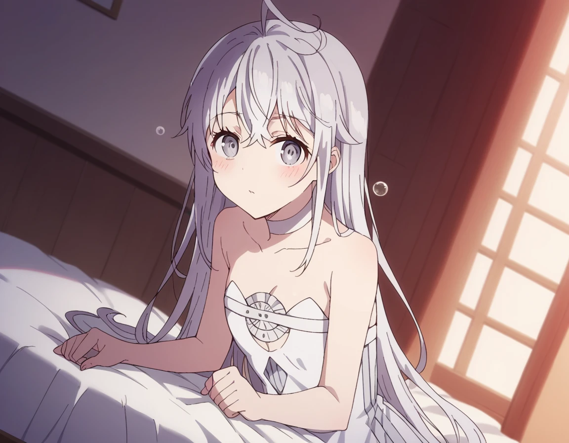 score_9, score_8_up, score_7_up, source_anime,
hibikihigoromo, <lora:hibiki-higoromo-movie-ponyxl-lora-nochekaiser:1>,
hibiki higoromo, long hair, bangs, white hair, grey eyes, ahoge,
dress, bare shoulders, choker, white dress, strapless, strapless dress,
indoors, bed, bed room, on side, blush, drunk,
solo, dutch angle, looking at viewer, cowboy shot,
