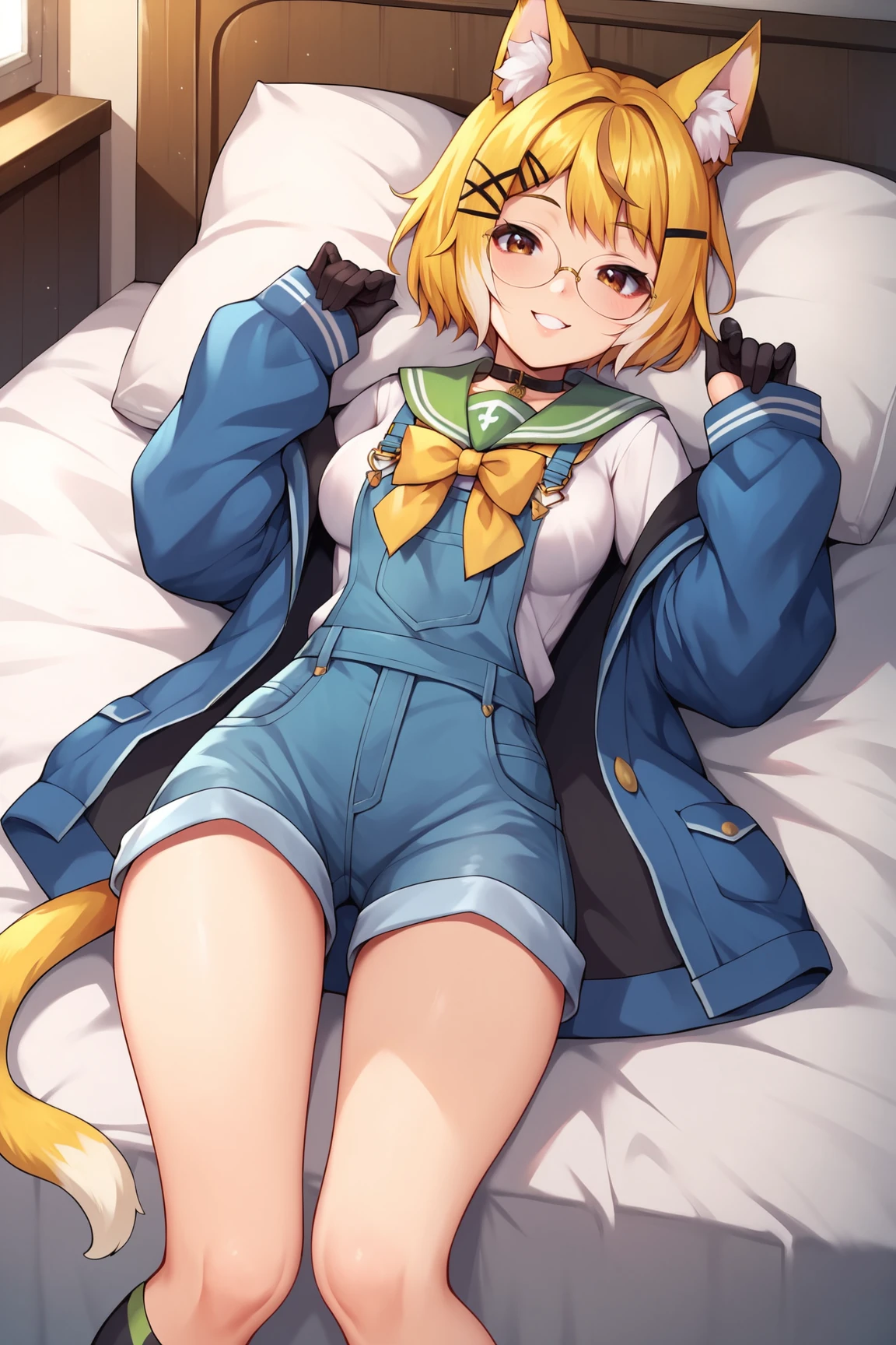 score_9, score_8_up, score_7_up, score_6_up, score_5_up, score_4_up, TriforceMoonVTXL, brown eyes, blonde hair, multicolored hair, short hair, hair ornament, animal ears, glasses, medium breasts, off shoulder, blue jacket, sleeves past writs, serafuku, yellow bowtie, (green sailor collar), school uniform, (overalls:1.2), black gloves, short jean, tail, asymmetrical legwear, single thighhighs, boots, lying on bed, seductive smile, looking at viewer, indoors <lora:TriforceMoonVTXL:0.8>