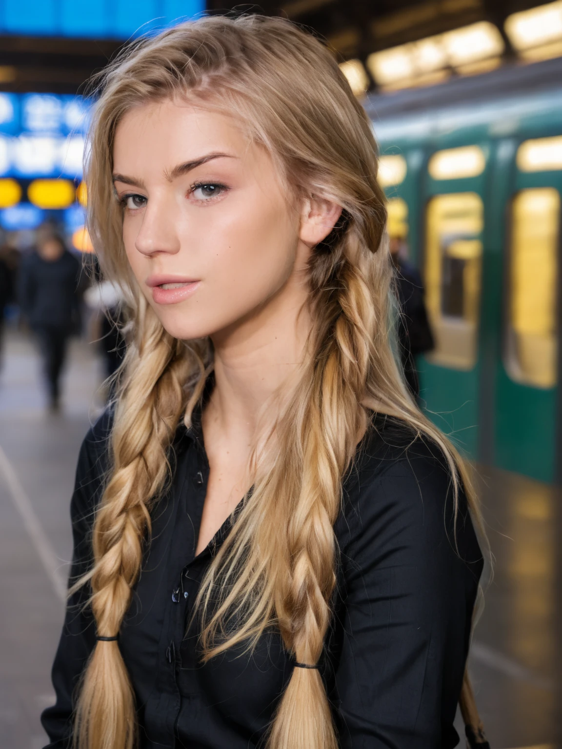 masterpiece,best quality,8K RAW,a photo of M3tz,woman,black jumpsuit,at a train station,(long blonde hair:1.2),side braid,(face focus:1.4),<lora:Metz_test_XL-000004:1>,