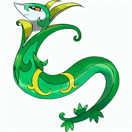 A green and yellow sea serpent with a leaf on its tail.