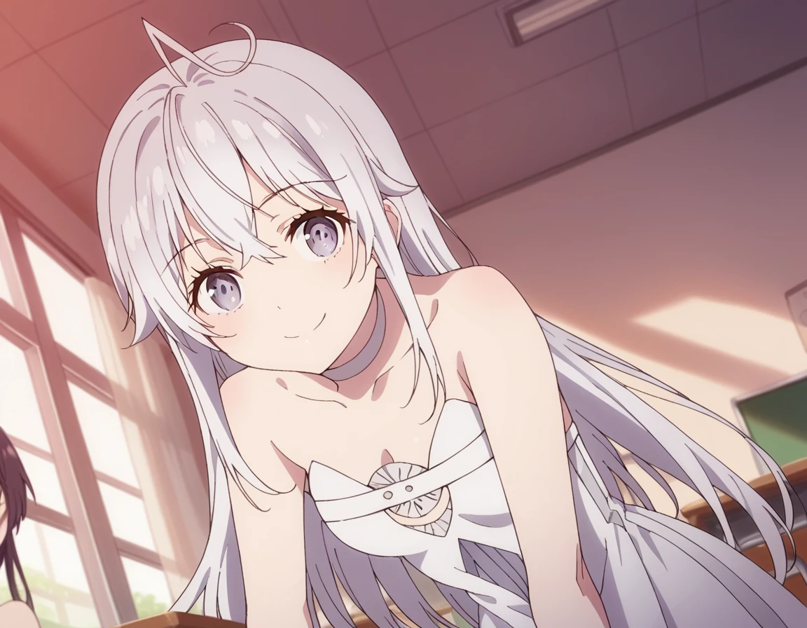score_9, score_8_up, score_7_up, source_anime,
hibikihigoromo, <lora:hibiki-higoromo-movie-ponyxl-lora-nochekaiser:1>,
hibiki higoromo, long hair, bangs, white hair, grey eyes, ahoge,
dress, bare shoulders, choker, white dress, strapless, strapless dress,
indoors, classroom, bent over, smile,
solo, dutch angle, looking at viewer, cowboy shot,