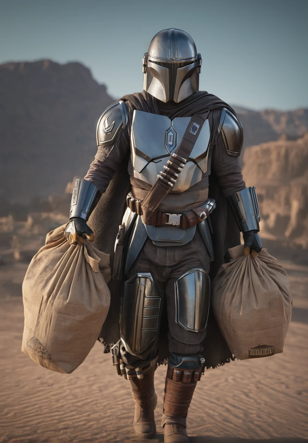 (upper body1.5) hyper-realistic photo of Mandalorian Pedro Pascal <lora:Mandalorian_Din_Djarin_SDXL:0.8> is carrying a **** Yoda in a brown bag while carrying a large load of supplies and packages, in a desert environment, 8k uhd, dslr, intense gaze, furrowed brow, dramatic shadows, worn body armor with intricate details, soft lighting, high quality, intricate details, masterpiece, trending on artstation, realistic, Cinematic, epic, action packed, incredibly detailed and realistic, magnificent, vignette, high budget, bokeh, moody, sharp, highly detailed, concept art, realistic hands, dynamic pose, dynamic shot, fantastic location, majestic cluttered environment, 8k unity render, action shot, skin pores, detailed, detailed face, (vibrant, photorealistic, realistic, dramatic, dark, sharp focus, 8k), (intricate:1.5), (highly detailed:1.4), octane render, sharp focus, art by artgerm, (loish:0.23) , wlop ilya kuvshinov, and greg rutkowski and alphonse mucha gracias, (global illumination, studio light, volumetric light)