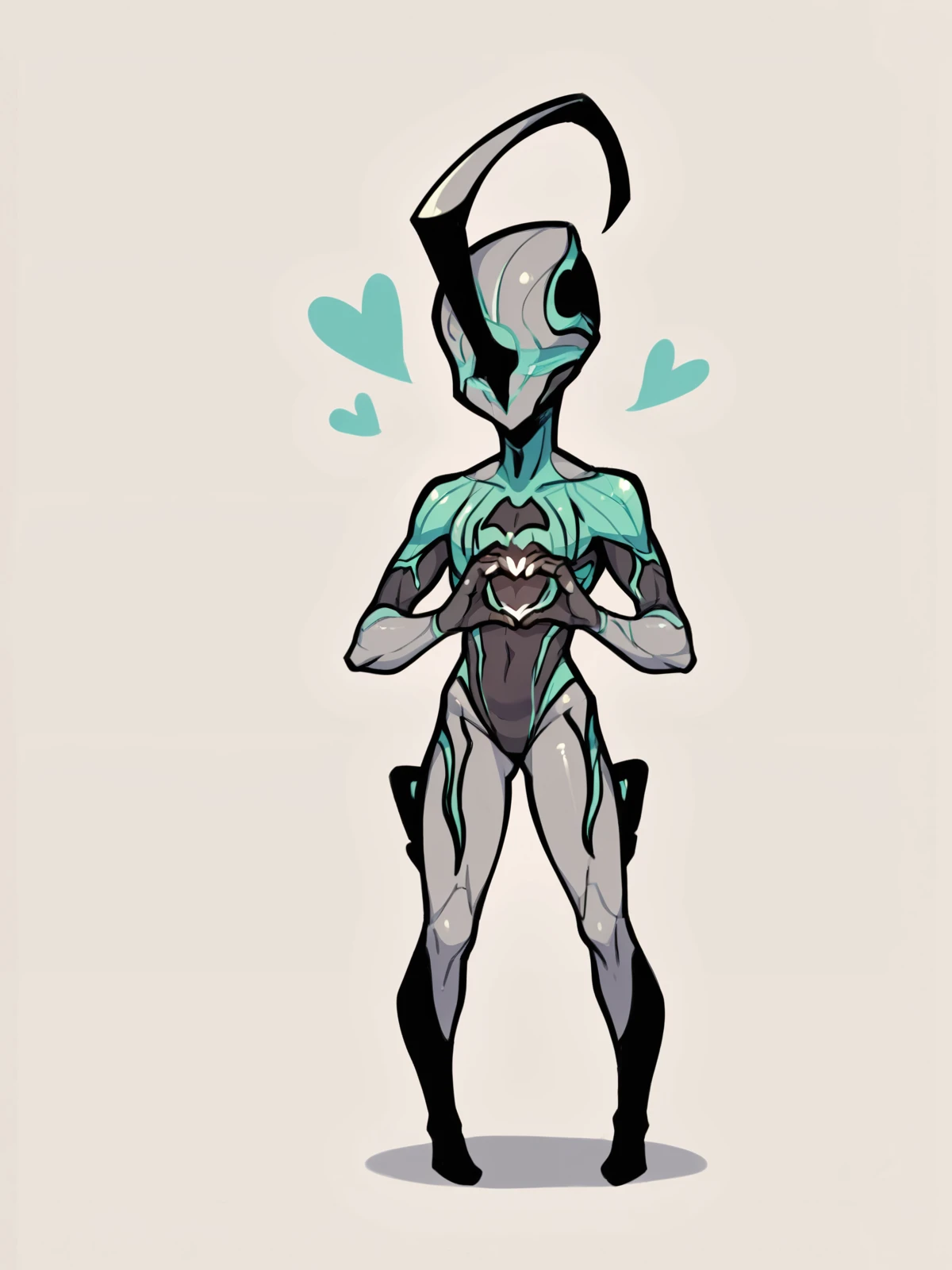 score_9, score_8_up, score_7_up, score_6_up, score_5_up, score_4_up, simple background, chibi, flat colors, solo BREAK
<lora:NyxWF_PDXL_Xtra:0.7> NyxWF, grey body, green trim, eyeless, mouthless, looking at viewer, hand heart, heart, standing