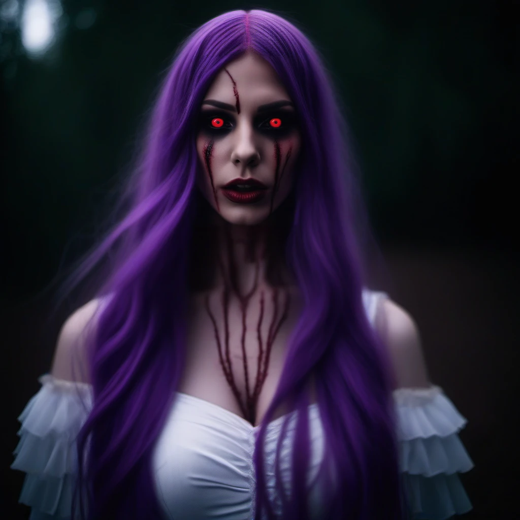 cinematic photo Horror-themed close up face portrait woman with long purple hair and red eyes , tongue,  large breast, whire dress <lora:RizeKamishiro1024:0.8> . Eerie, unsettling, dark, spooky, suspenseful, grim, highly detailed . 35mm photograph, film, bokeh, professional, 4k, highly detailed