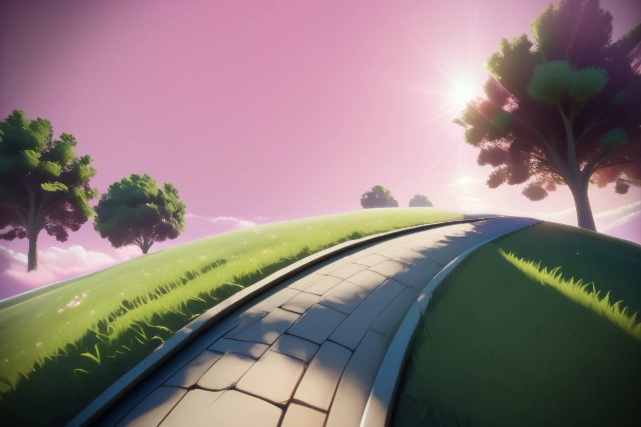 score_9, score_8_up, score_7_up, score_6_up, score_5_up,score_4_up, no humans, scenery, kai planet, grass, pink sky,road,realistic, 3d,horizon,tree, <lora:OtherworldPony:1>