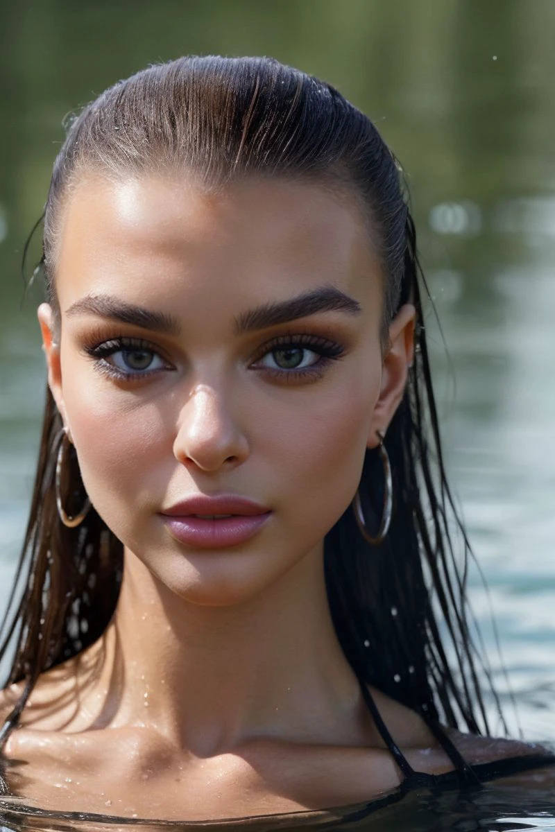 portrait of S413_IrinaRepei,a beautiful woman,in a (lake:1.1),wearing a (tshirt:1.1),(wet-hair),(4k, RAW photo, best quality, 50mm, depth of field, ultra high res:1.1),(intricate, photorealistic, cinematic-shot, masterpiece, ultra-detailed:1.1),