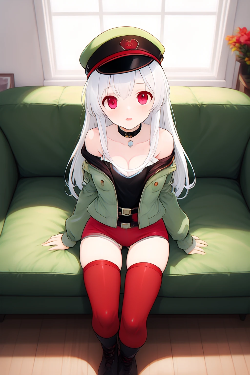 1girl, indoors, sleeveless shirt, window, long sleeves, shelf, white hair, curtains, plant, animal collar, green jacket, book, thigh strap, sleeveless, on floor, sitting, breasts, bookshelf, open mouth, jacket, knees together feet apart, red thighhighs, belt, shirt, smile, long hair, from above, bare shoulders, blush, potted plant, solo, white headwear, medium breasts, looking at viewer, red collar, thighhighs, collar, off shoulder, couch, red eyes, beret, hat,pov